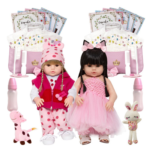 Bebê Reborn Gêmeas Girafa Loira Coelha Morena Kit 44 Itens