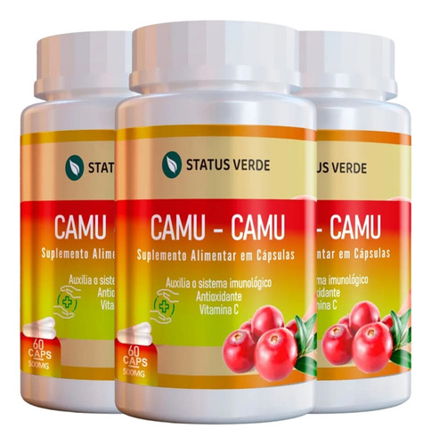3 Potes Camu-camu 500mg 100% Puro Natural Kit 180 Cáps - Status Verde