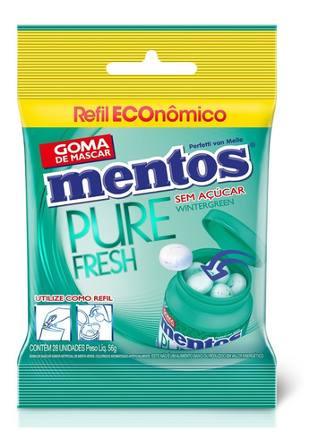 Goma Mascar Purefresh Wintergreen S/ Açúcar Mentos Refil 56g