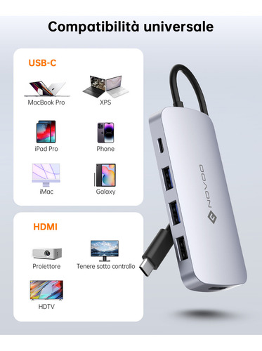 Novoo Hub 9 En 1 Adaptador Usb Tipo C A Hdmi 4k Con 3 Puertos Usb 3.0 Y Pd 100w Para Macbook Pro/air,iPad,portátil Color Plateado
