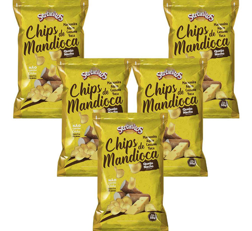 Kit 05 Mandioca Chips Sabor Queijo Nacho Sertanitos 50g