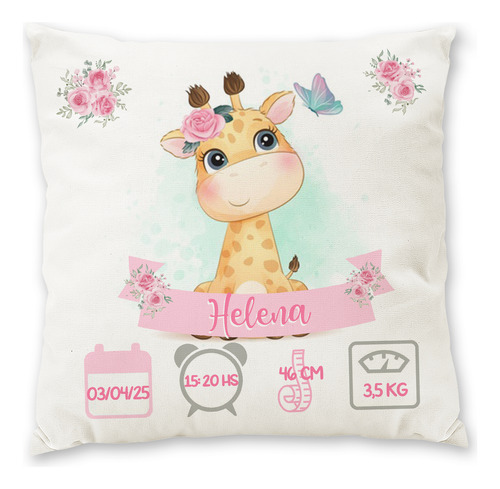 Almohadón Personalizado Datos Del Nacimiento Bebe Bautismo Blanco Jirafa Rosas