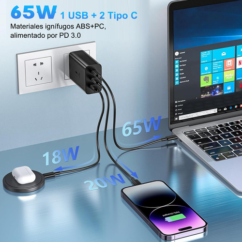 Gytuiv 2pcs 3boca Cargador Tipo C+2pcs 1m Para Cable De Carga Samsung 65w Carga Rápida Para Samsung A55 Para Galaxy S24 Ultra/s24+/s24+/s23 Ultra/s23+/s22 Ultra/s22 A55/a54/a53/a52/a35/a34/a33 Negro