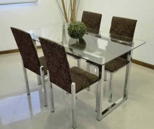 Juego Comedor Cromado 4 Sillas Mesa Vidrio 1,40x0,80 Moderno