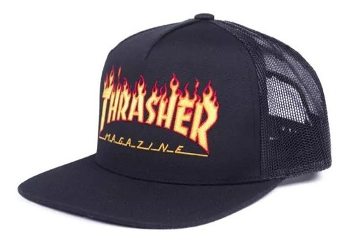 Gorra Thrasher Modelo Flame Trucker Negro Importada