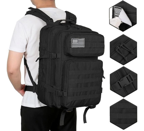 Mochila Tática Camping Militar 50 Litros Resistente +1 Patch Cor Preto Desenho Do Tecido Eua