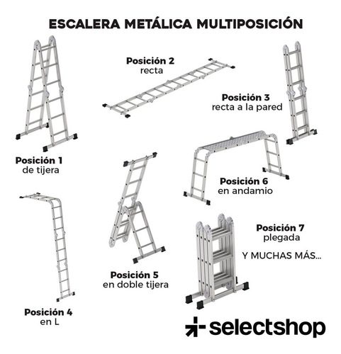 Escalera 12 Peldaños Andamio Multiposiciones Plegable 3.35m Color Plateado SelectShop HR9C5