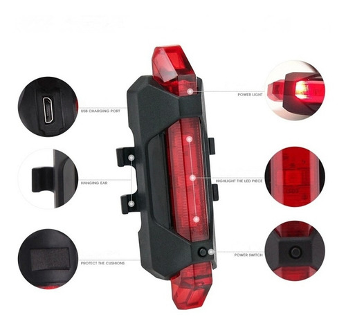 Imagen 6 de 8 de Luz Linterna Led Recargable Bicicleta Usb Delantera Trasera