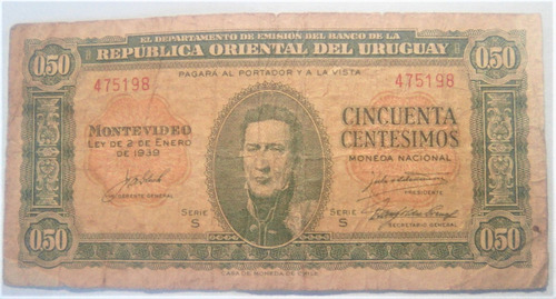 1 Billete Antiguo De 0,50 Cincuenta Centésimos - Uruguay