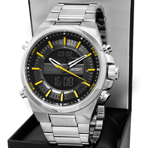 Relógio Orient Masculino Prata Neo Sports Dual Timer Em Aço Cor da correia Prateado Cor do bisel Prata/Amarelo