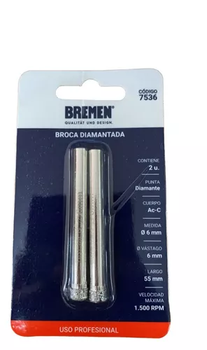 Broca Diamantada Porcelanato Bremen 6 Mm 7536 X 2 Unidad Dgm