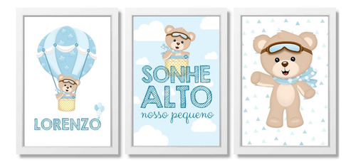 Kit Com 3 Quadros Decorativos Do Tema Ursinho Baloeiro