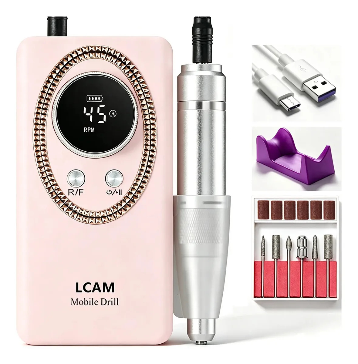 Drill para Unas Profesional LCAM,Pulidora de Uñas Portátil Recargable,Kit Profesional de Manicura,45000 RPM