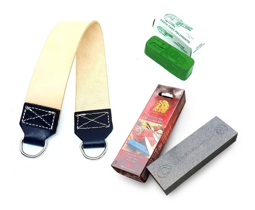 Kit Afiação Faca Strop Couro, Pedra Carborundum, Pasta Polir