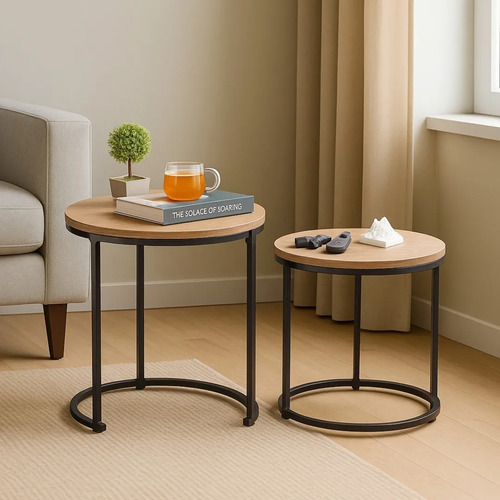 Set Mesas Redondas Jazak / Nido Kit X2 / Hierro Y Madera Mdf / Diseño Industrial / Living Moderno / Auxiliar / Mesas De Apoyo Apilables/ / Fácil Armado / Estilo Elegante / Color Roble Natural Y Negro