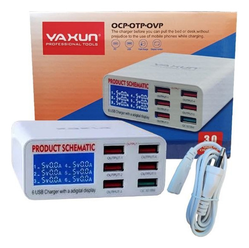Amperímetro Yaxun 896, 6 puertos, carga rápida USB, 3, color blanco