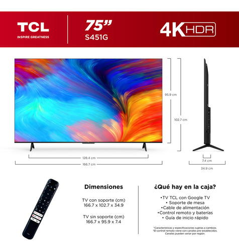 Pantalla 75 Tcl 4k Hdr Google Tv Mod 75s451g