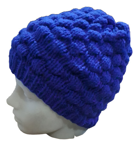 Gorro De Lana Tejido A Mano - Artesanal Azul Francia Unico Punto Burbuja