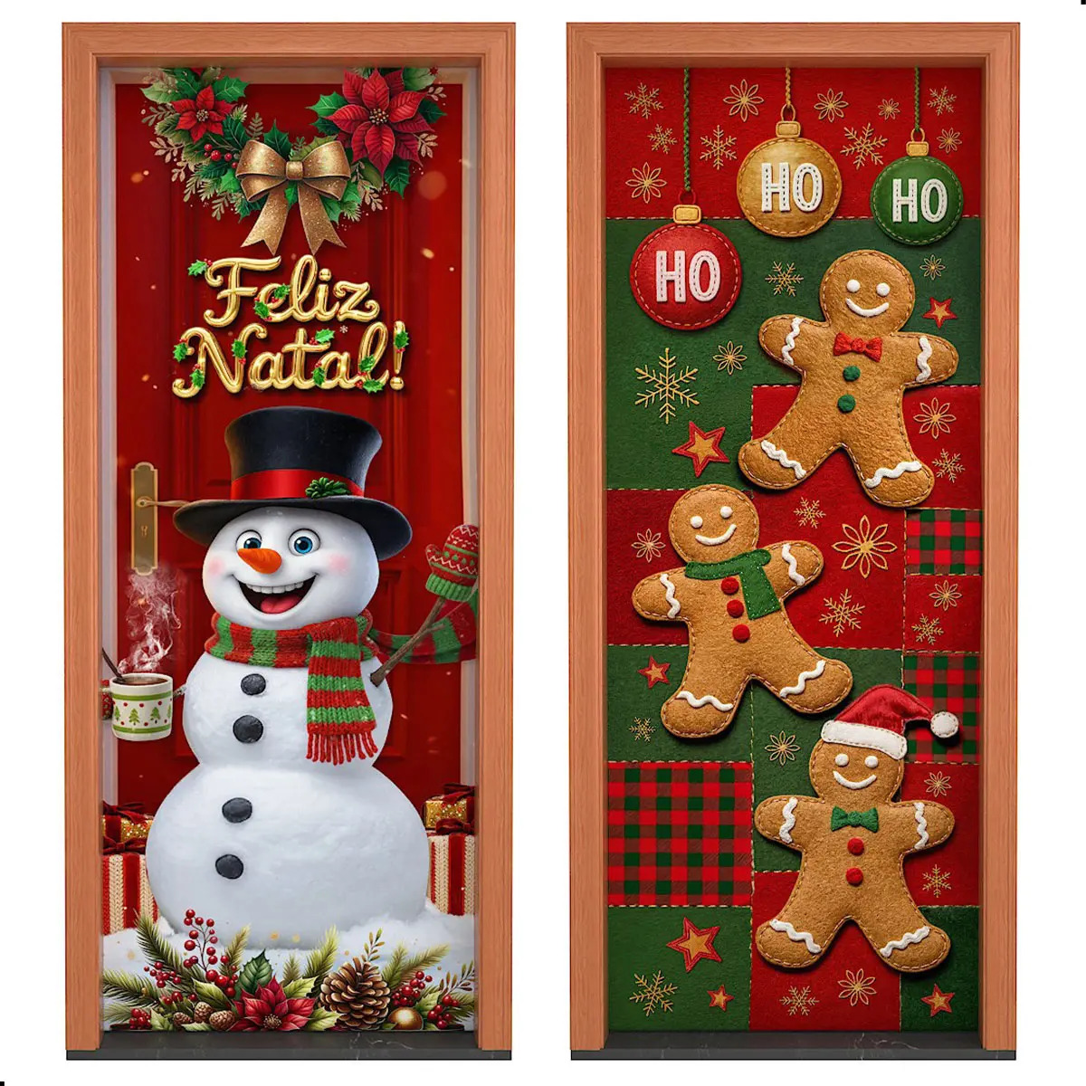Capa de Porta Decorativa Natalina 0,85x2,10 Decoração de Natal - Kit 2 Unidades