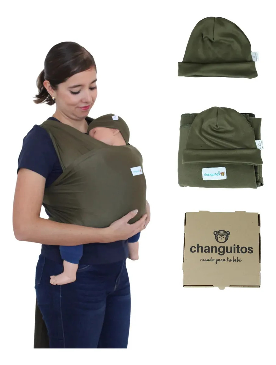Fular Elástico Portabebé Rebozo Ergonómico Seguro + Gorrito Color Verde Liso Talla Unitalla
