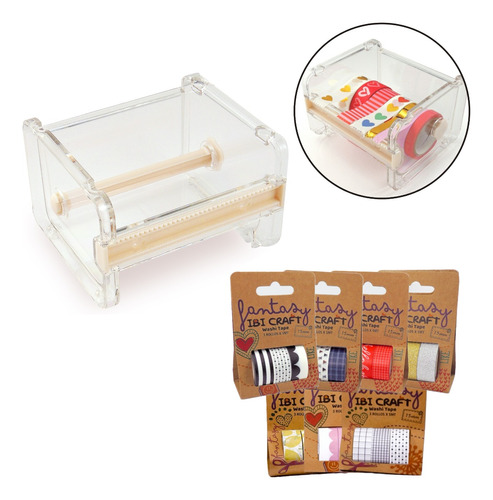 Kit Dispenser Washi Tape + 2 Set 3 Cintas Adhesivas Ibicraft