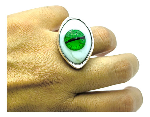 Anillo Ojo Turco Jumbo Verde Reptil Plata Fina 925 Ajustable