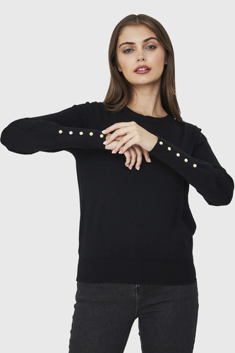 Sweater Punto Fino Detalles Perlas Negro Nicopoly