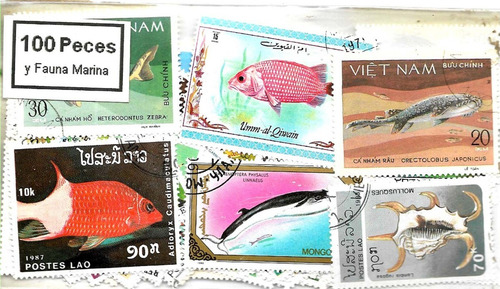 100 Estampillas Diferentes Mundiales Peces Y Fauna Marina