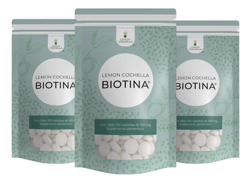 3 Sobres Biotina Lemon Cochella 10,000 Mcg Con 100 Tabs C/u Sabor Sin Sabor