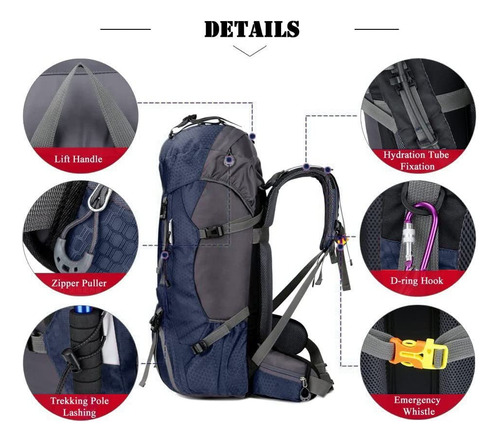 Mochila Senderismo Impermeable Ligera Azul Marino 60l