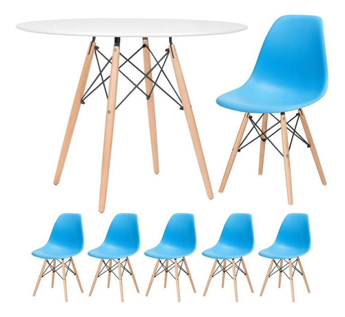 Kit Mesa Jantar Eames Wood 100 Cm  5 Cadeiras Eiffel Cores Cor da tampa Mesa branco com cadeiras azul céu