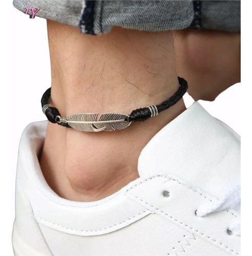 Pulsera Tobillera Pluma Suerte Para Hombre O Mujer Tejida Color Negro Diámetro 20 Cm Largo 10 Cm