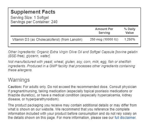 Now Foods - Vitamina D3 - 10.000 Iu - 240 Softgels | Cuotas sin interés