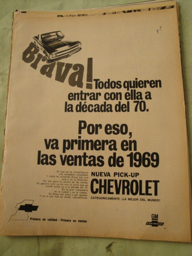 Publicidad Chevrolet Pick Up Brava Año 1969 Hoja Sola