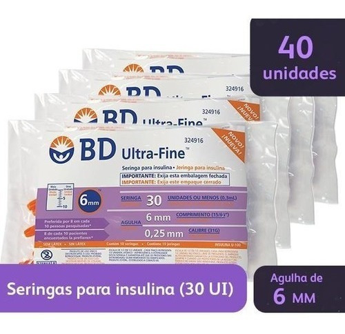 Combo 4x10 Seringa De Insulina Bd Ultra Fine 30 Ui 6mm