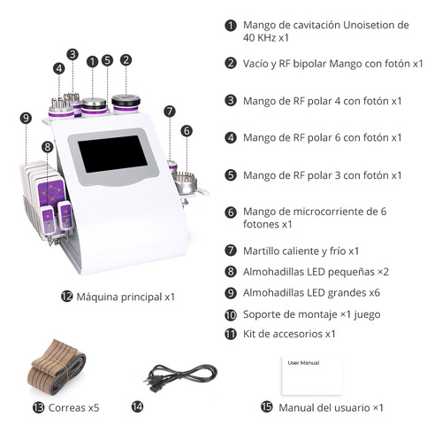 Equipo Multifuncional De Radiofrecuencia 9 Funcions En 1 Con Cavitación 2.0 Avanzada De 40k , Martillo, Vacum, Lipolaser. 8 Manerales Robustos