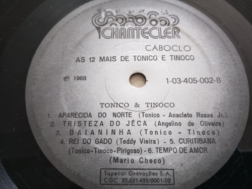 Lp Tonico E Tinoco As 12 Mais Tristeza Do Jeca Chico Mineiro (Usado)