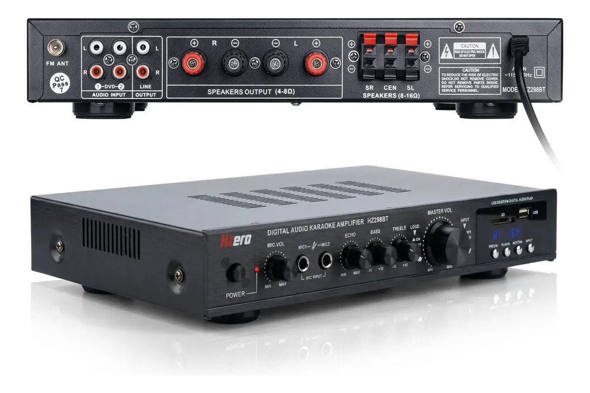 Amplificador de Audio 5.1 Canales con Bluetooth Receptor Hzero HZ298BT 2000W Pico Karaoke Fibra Óptica con 2 Micrófonos para Casa Envolvente