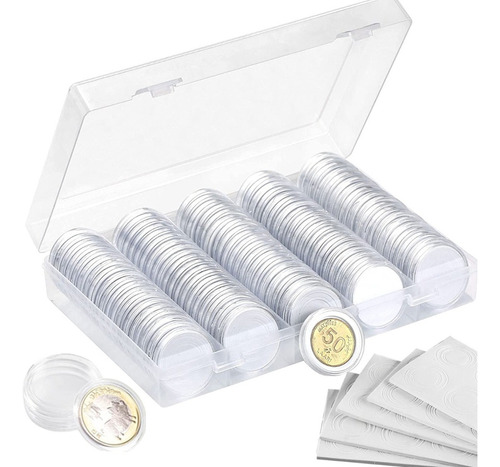 100 Capsulas 30mm Moneda Almacenaje Limpio Caja Plástica