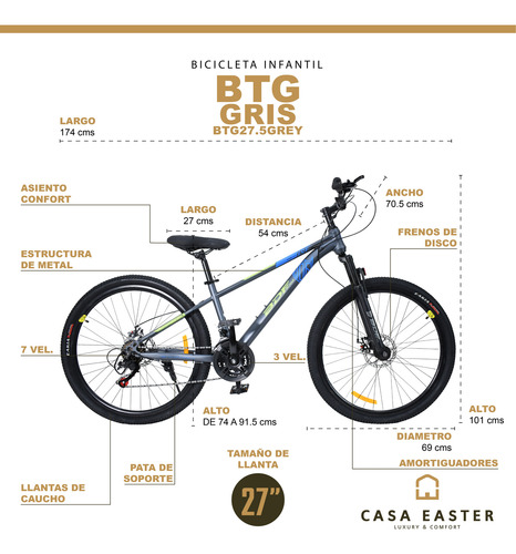 Bicicleta Montaña R.27.5 Velocidades Freno De Disco Gris 27.5