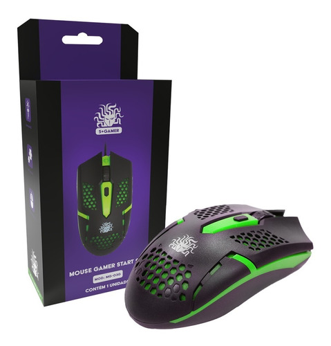 Mouse 5+ Gamer Start 2.0 Ergonômico Preto/verde -015-0091