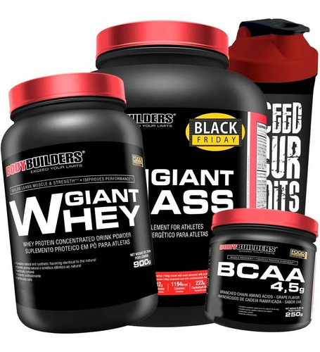 Kit Hipercalorico 3kg + Whey 900g + Bcaa 250g + Shaker Sabor Morango + Morango