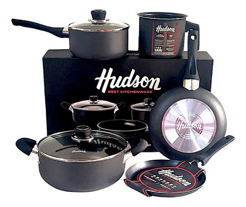 Set Juego Ollas Hudson Teflon Negro Jarro Panquequera 5pz