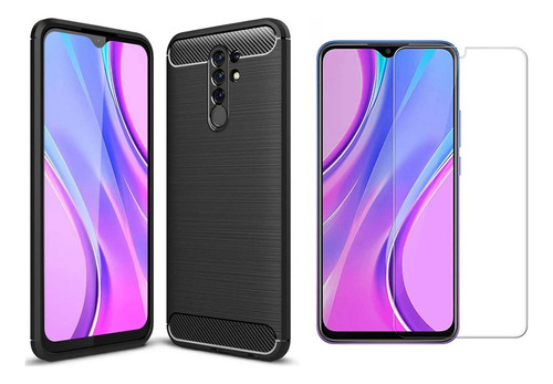 Funda Carbono Fiber + Vidrio Para Xiaomi Redmi 9 / 9 Prime 