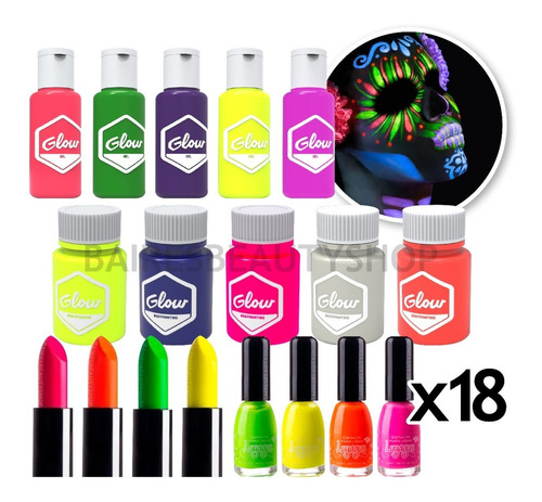 Kit De Maquillaje Artistico Glow Fluor Luz Negra X 18 Piezas