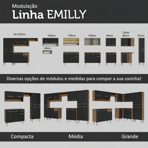 Armário De Cozinha Compacta 165cm Emilly Madesa Rp 02 Cor Rustic/Preto