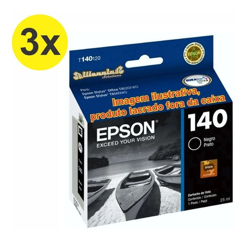 Kit 3x Cartucho 140 T140 T1401 Black Preto Original Epson