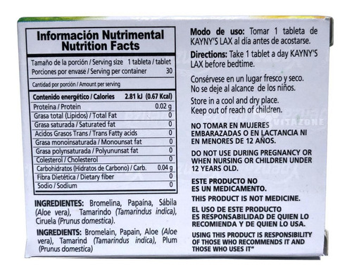 Imagen 4 de 4 de Enzimas Digestivas Kayny's Lax 30 Tabletas Sabor Sin Sabor