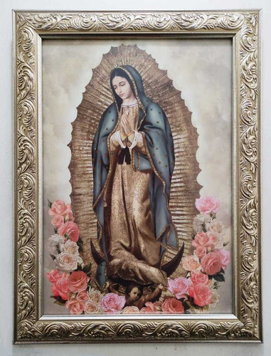 Virgen De Guadalupe  Con Rosas Marco Plateado 48 X 37 Cms