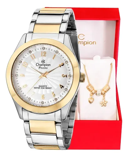 Relógio Champion Feminino Bicolor De Aço,  Com Pulseira De Berloques E Mostrador Analógico Dourado